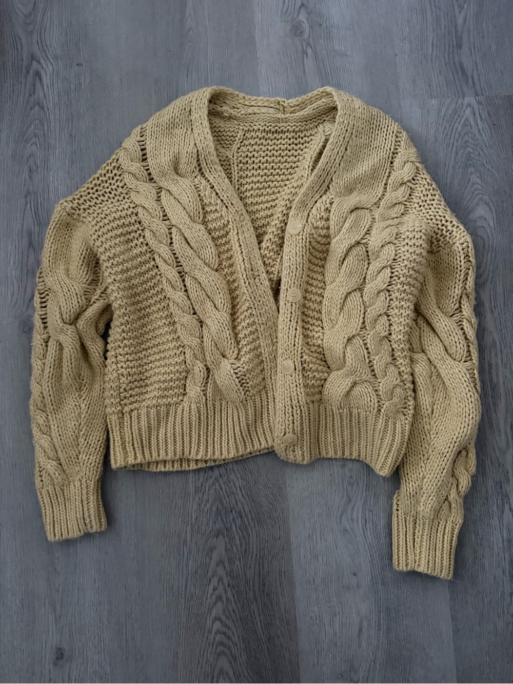 Cable Knit Button-Front Cardigan Sweater in Beige